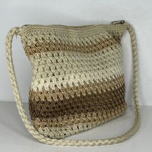 Lina Crocheted Knit Purse Shoulder Bag Cream Beige Brown Braided Strap‎ Boho